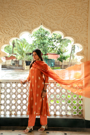 Burnt Orange Zari Stripes Chanderi Silk Dupatta DUPAT252C14