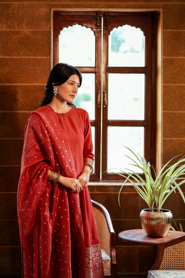 Rust Jaquard Stripes Banarasi Silk Dupatta DUPAT252C48