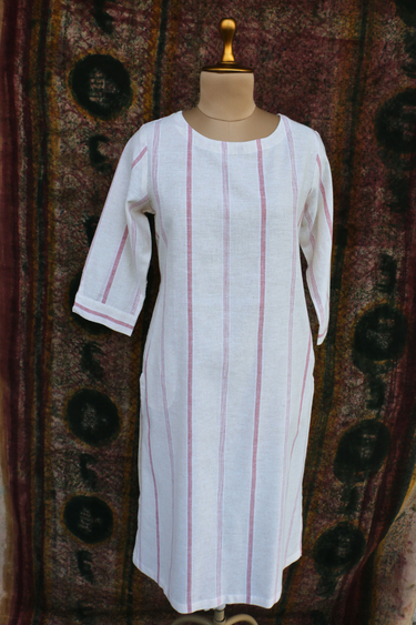 Red Stripes Natural Cotton Linen Women Long Kurta