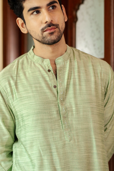 Pastel Green Mukaish Work Silk Viscose Slub Men Long Kurta MLKFS252C43