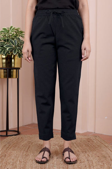 Black Dyed Cotton Flax Women Ankle Pant