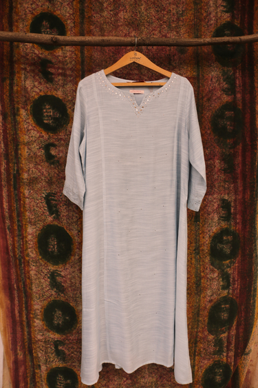 Blue Dyed Silk Viscose Slub Women Long Kurta