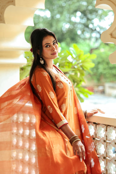 Burnt Orange Zari Stripes Chanderi Silk Dupatta DUPAT252C14