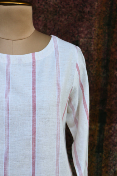 Red Stripes Natural Cotton Linen Women Long Kurta