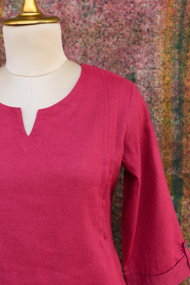 Berry Red Dyed Classic Cotton Linen Women Kurti