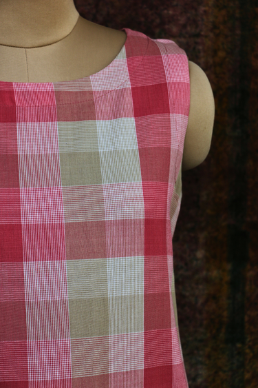 Red Peach Checks Cotton Women Midi Dress