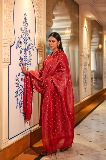 Deep Red Jaquard Stripes Banarasi Silk Dupatta DUPAT252C28