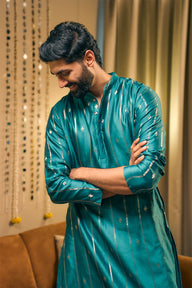 Teal Blue Jaquard Banarasi Silk Men Long Kurta