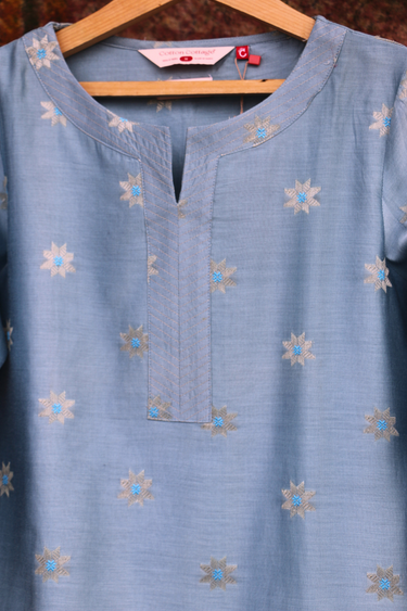 Light Blue Mina Buta Banarasi Silk Women Long Kurta