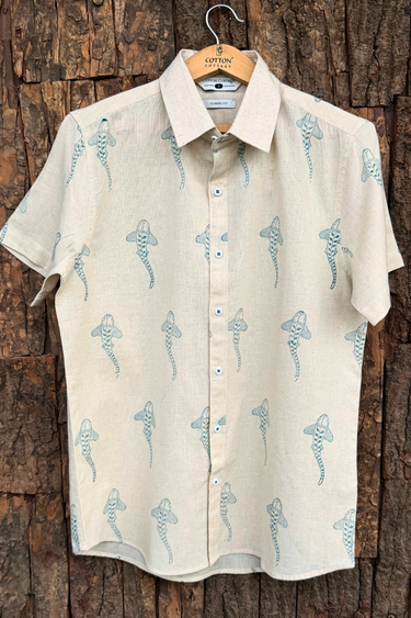 The Wayfinder Teal Blue Sanganeri Natural Cotton Linen Men Shirt