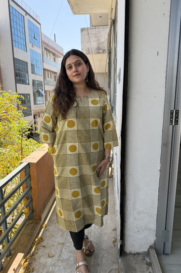 Military Green Bagru Cotton Slub Women Long Kurta