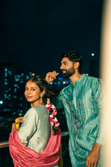 Topaz Blue Jaquard Banarasi Silk Men Long Kurta