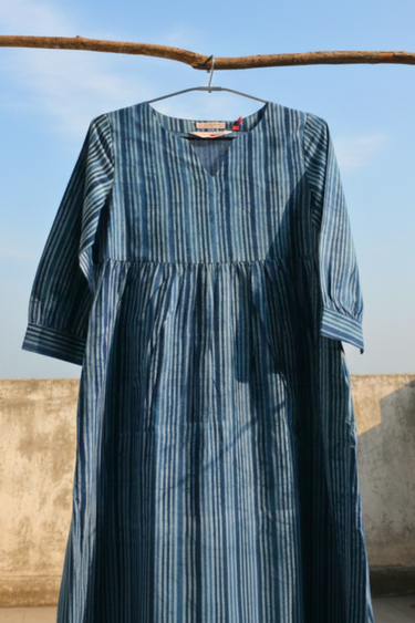 Indigo Dhabu Cotton Women Midi Dress Long Sleeves WDRLS253C4