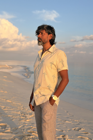 The Wayfinder Teal Blue Sanganeri Natural Cotton Linen Men Shirt