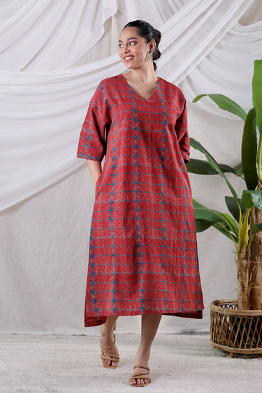 Rust Ajrakh Cotton Slub Women Midi Dress
