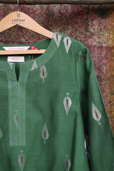 Forest Green Mina Buta Banarasi Silk Women Long Kurta