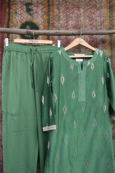 Forest Green Mina Buta Banarasi Silk Women Long Kurta