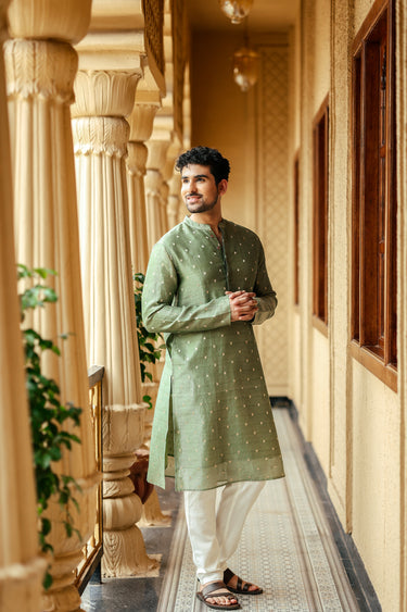 Green Jaquard Stripe Banarasi Silk Men Long Kurta Full Sleeves MLKFS253C12