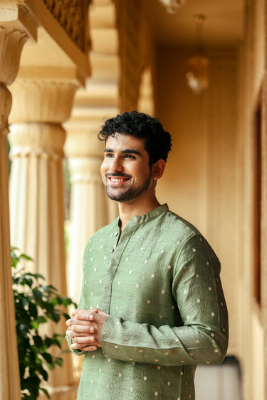 Green Jaquard Stripe Banarasi Silk Men Long Kurta Full Sleeves MLKFS253C12