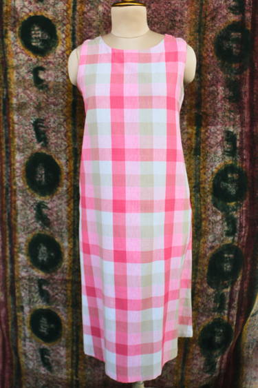 Red Peach Checks Cotton Women Midi Dress