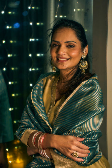 Teal Blue Zari Stripes Chanderi Silk Dupatta