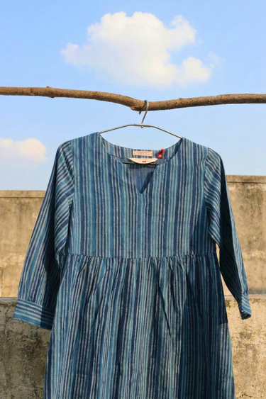 Indigo Dhabu Cotton Women Midi Dress Long Sleeves WDRLS253C4