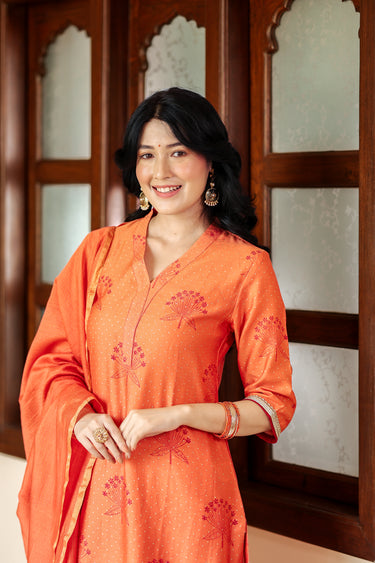 Dark Coral Sanganeri Chanderi Silk Women Long Kurta Long Sleeves WLKLS252C154