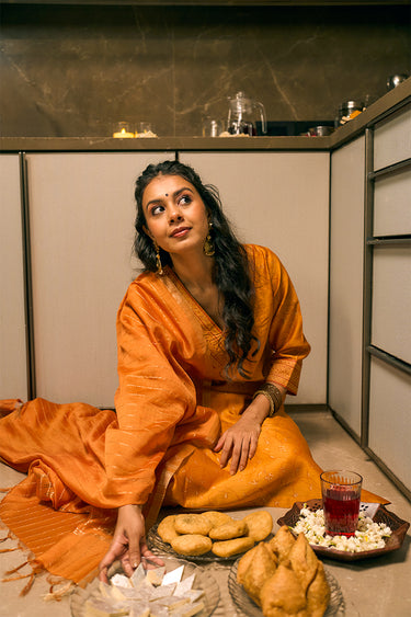 Saffron Orange Sanganeri Chanderi Silk Women Long Kurta