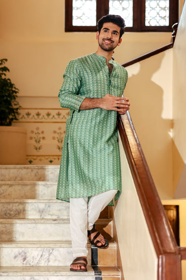 Mint Green Sanganeri Chanderi Silk Men Long Kurta Full Sleeves MLKFS253C14