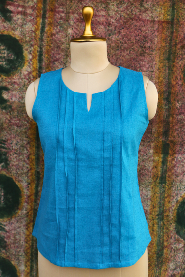 Teal Blue Dyed Classic Cotton Linen Women Short Top