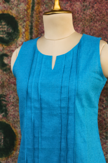 Teal Blue Dyed Classic Cotton Linen Women Short Top