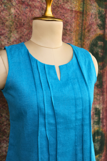 Teal Blue Dyed Classic Cotton Linen Women Short Top