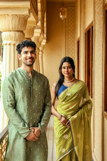 Green Jaquard Stripe Banarasi Silk Men Long Kurta Full Sleeves MLKFS253C12