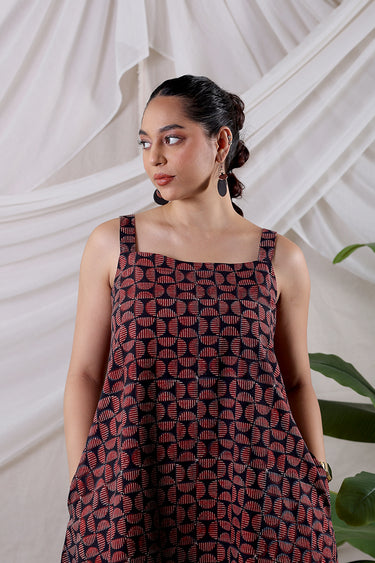 Red Blue Ajrakh Cotton Women Midi Dress