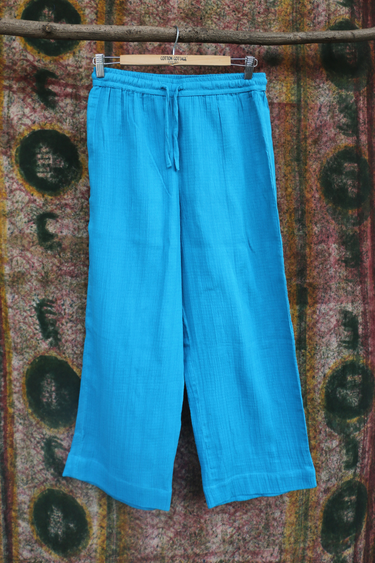 Turquoise Dyed Cotton Double Cloth Women Flared Pant