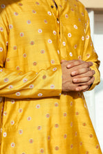 Mustard Mina Buta Banarasi Silk Men Long Kurta Full Sleeves MLKFS252C31