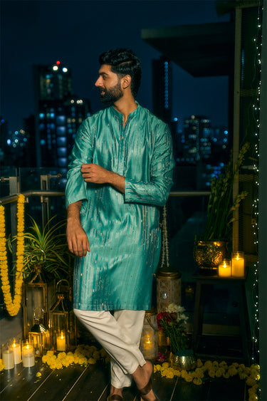 Topaz Blue Jaquard Banarasi Silk Men Long Kurta