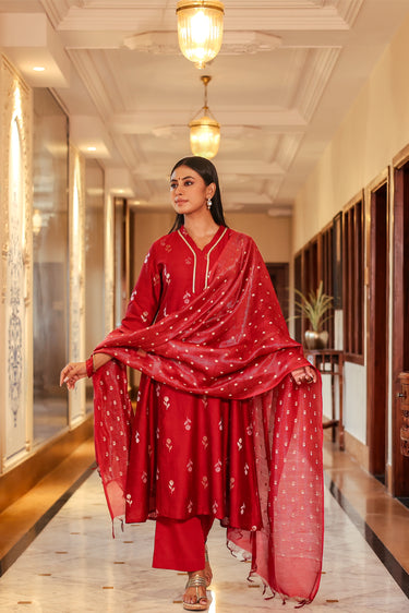 Deep Red Jaquard Stripes Banarasi Silk Dupatta DUPAT252C28