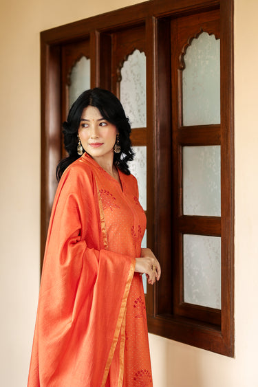 Dark Coral Sanganeri Chanderi Silk Women Long Kurta Long Sleeves WLKLS252C154