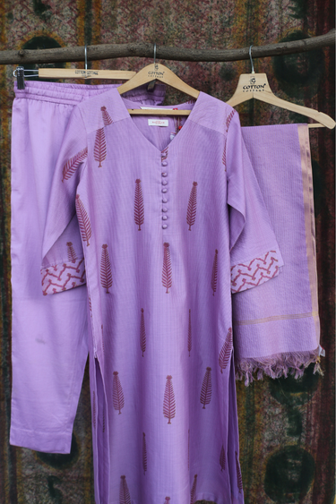 Mauve Sanganeri Chanderi Silk Women Long Kurta