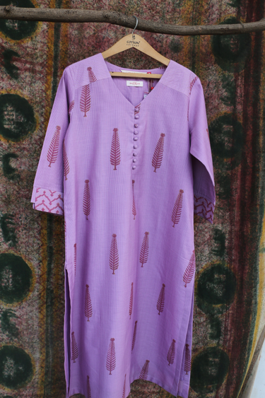 Mauve Sanganeri Chanderi Silk Women Long Kurta