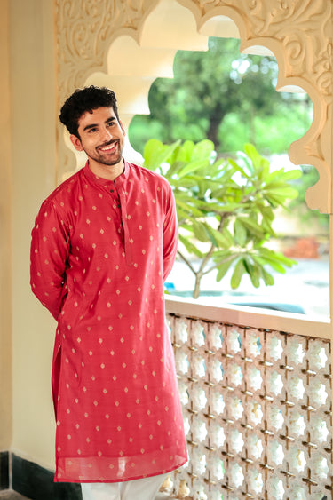 Dark Pink Jaquard Banarasi Silk Men Long Kurta Full Sleeves MLKFS252C33