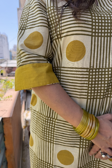 Military Green Bagru Cotton Slub Women Long Kurta