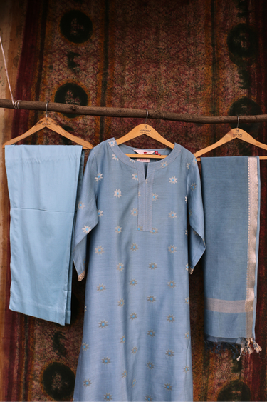 Light Blue Mina Buta Banarasi Silk Women Long Kurta