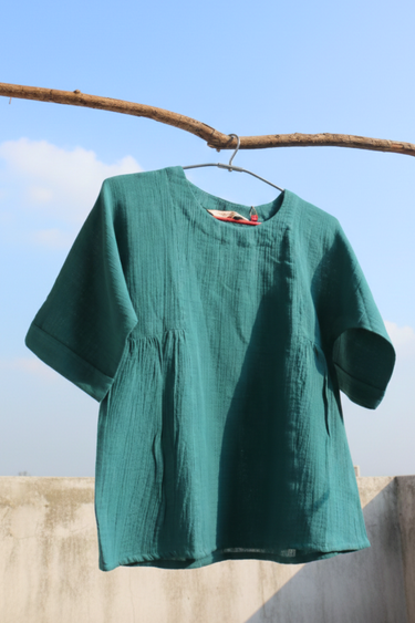 Dark Teal Dyed Cotton Double Cloth Women Short Top Long Sleeves WSTLS252C7