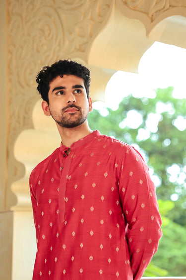 Dark Pink Jaquard Banarasi Silk Men Long Kurta Full Sleeves MLKFS252C33