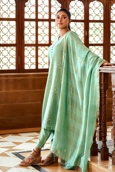 Mint Green Zari Stripes Chanderi Silk Dupatta DUPAT252C13