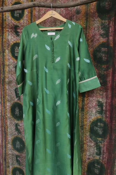 Forest Green Jaquard Buta Banarasi Silk Women Long Kurta