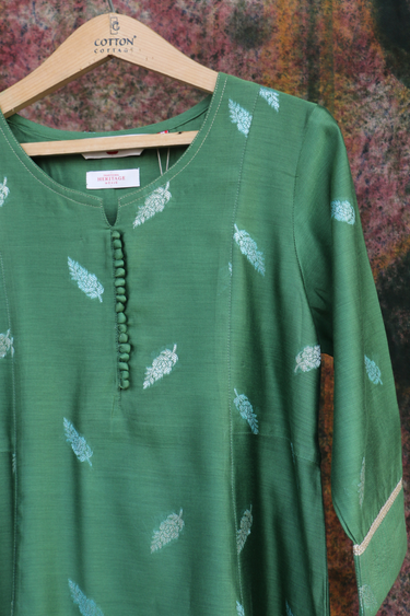 Forest Green Jaquard Buta Banarasi Silk Women Long Kurta
