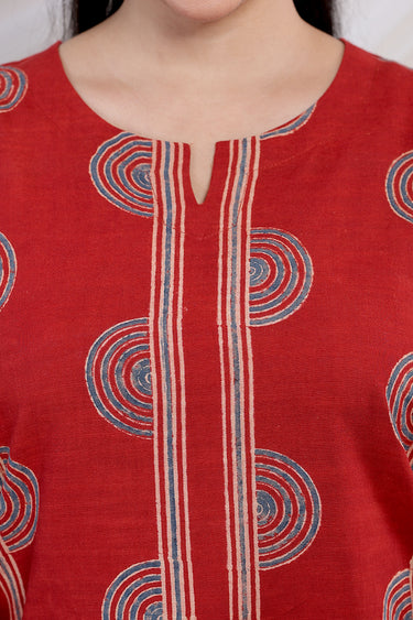 Rust Ajrakh Cotton Slub Women Long Kurta